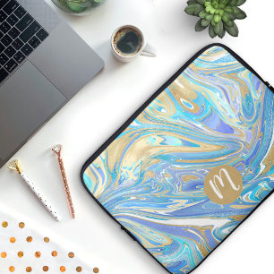 Funda Para Portátil Mármol y monograma líquido de oro de Pearlescent A