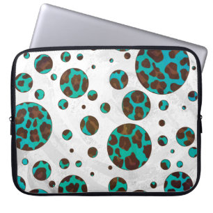 Funda Para Portátil Marrón Leopardo y Estampado de Azul Cian Lunares