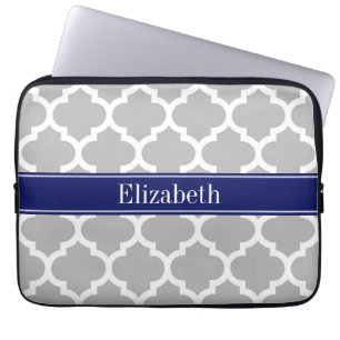 Funda Para Portátil Marroquí blanco gris #5 Monograma nombre azul de l