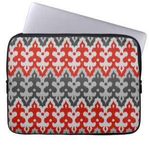 Funda Para Portátil Marroquí Ikat Damask, gris gráfico y rojo