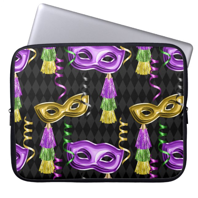 FUNDA PARA PORTÁTIL MÁSCARAS Y TAREAS DE PURPLE & GOLD MARDI GRAS (Frente)