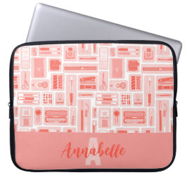 Funda Para Portátil Material de arte curado Monograma de patrón rojo c