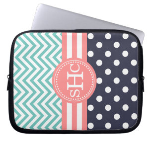 Funda Para Portátil Menta, marina de guerra y lunares coralinos de