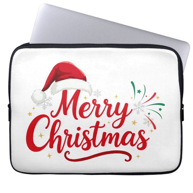 Funda Para Portátil Merry Christmas Typography with Santa Hat and Snow (Frente)