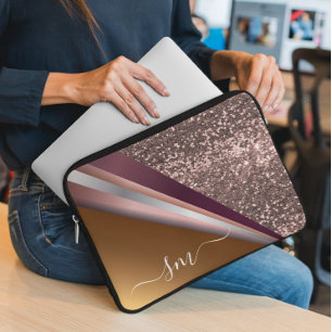 Funda Para Portátil Metalizado aspecto de Purpurina dorado rosado mono