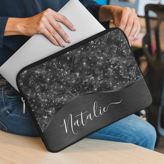 Funda Para Portátil Metallic Black Glitter Personalized (Subido por el creador)