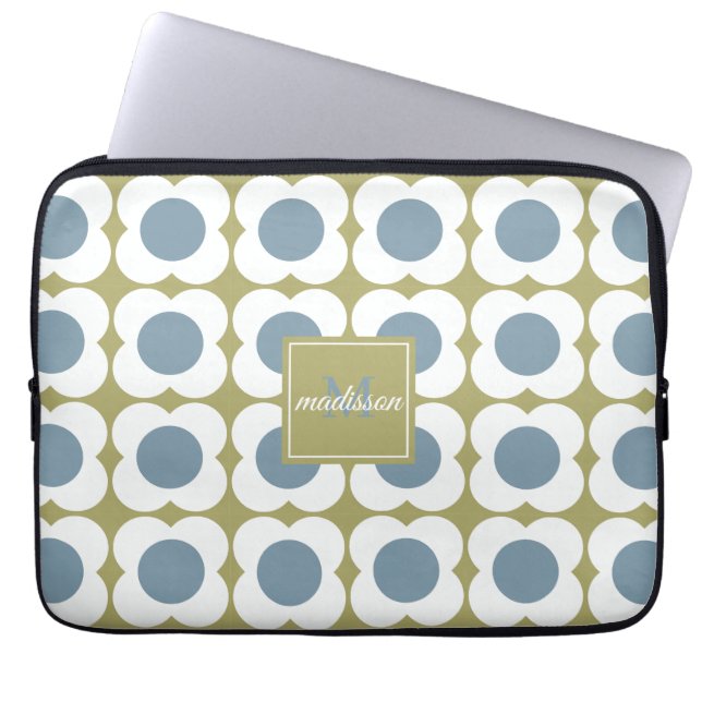 Funda Para Portátil Mid--century floral - Sage Green & Blue flowers (Frente)