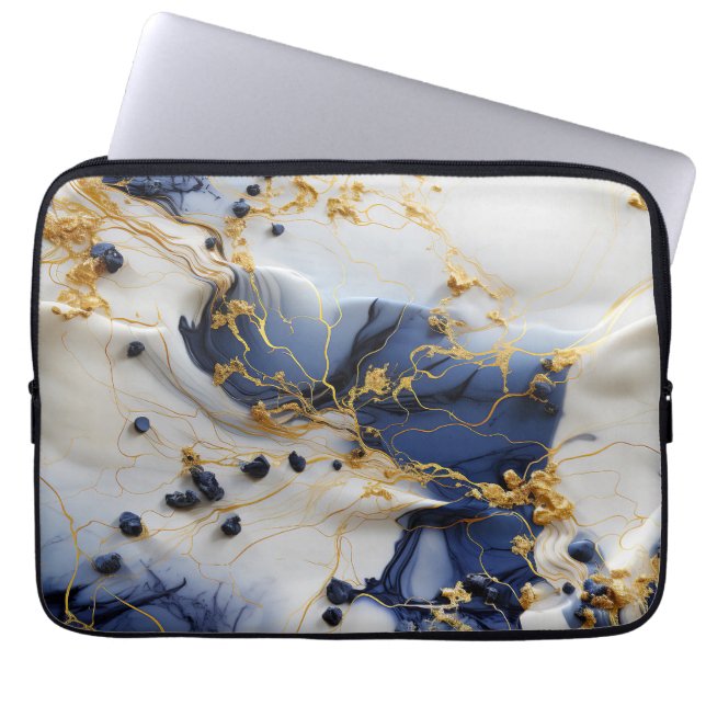 Funda Para Portátil Midnight Sapphire Marble with Gold Threads (Frente)