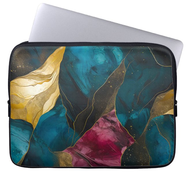 Funda Para Portátil Midnight Teal & Gold Marble Fusion (Frente)
