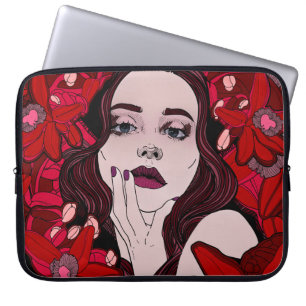 Funda Para Portátil Misterioso chica rodeado de sabstrato de flores ro