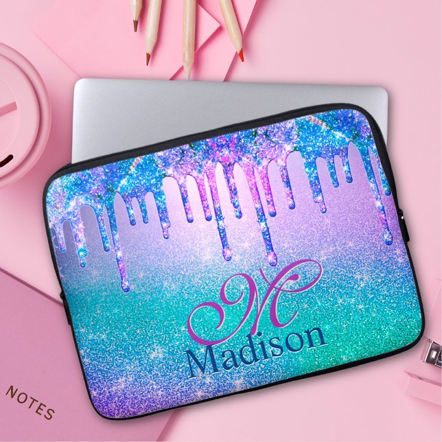 Funda Para Portátil Moda azul púrpura purpurina laca monograma (Subido por el creador)