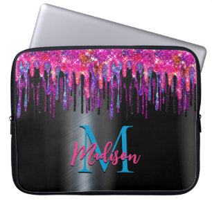 Funda Para Portátil Moda azul rosa caliente purpurina negro goteo mono