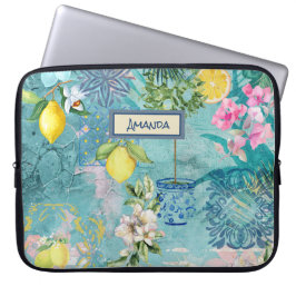 Funda Para Portátil Moda color turquesa azul cítrico siciliano floral
