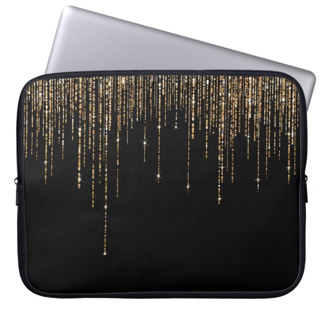 Funda Para Portátil Moda de lujo Black Gold Sparkly Purpurina Fringe (Frente)