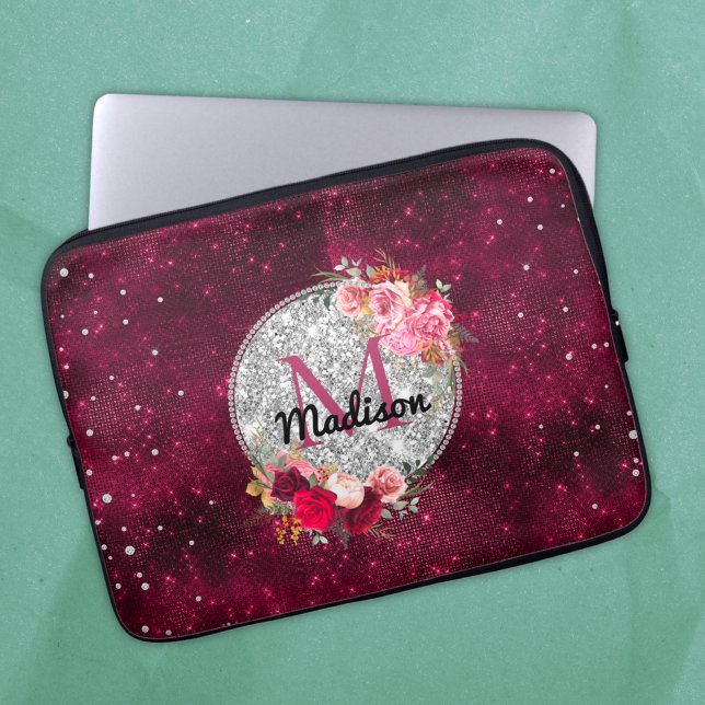 Funda Para Portátil Moda falsa Purpurina plateado Burgundy Floral mono (Subido por el creador)
