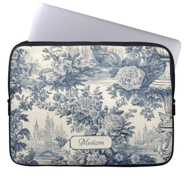 Funda Para Portátil Moda floral vintage Blue toile de jouy monograma (Frente)