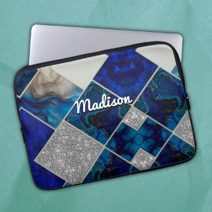 Funda Para Portátil Moda girly faux Purpurina plata azul geométrico