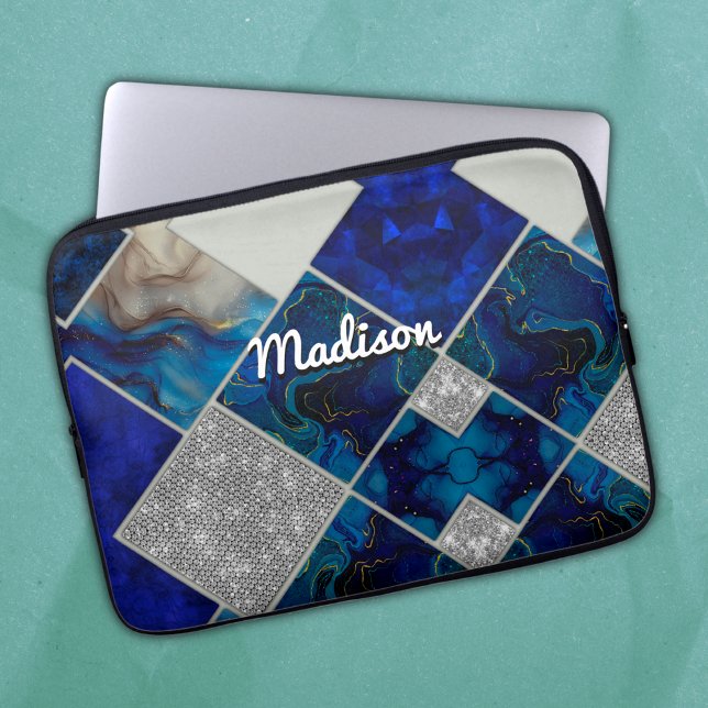 Funda Para Portátil Moda girly faux Purpurina plata azul geométrico (Subido por el creador)