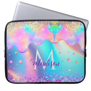 Funda Para Portátil Moda holográfica unicornio goteo purpurina monogra