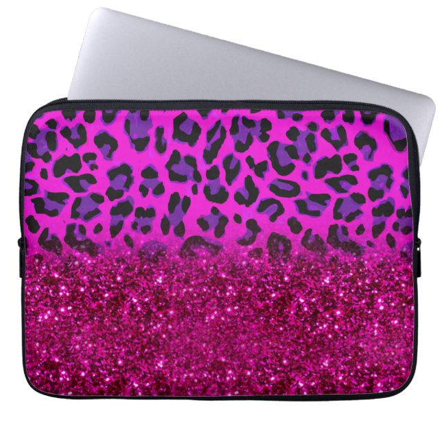 Funda Para Portátil Moda moderna rosa morado Purpurina leopardo (Frente)