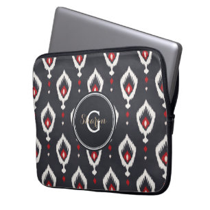 Funda Para Portátil Moda monograma de patrón tribal de ikat negro y ro