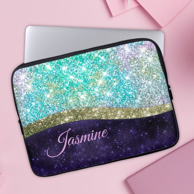 Funda Para Portátil Moda monograma purpurina iridiscente azul morado (Subido por el creador)