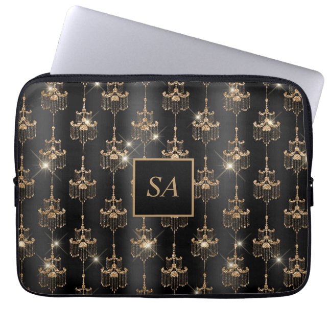 Funda Para Portátil Moda monogramada Dorada Sparkle Chandelier Negro (Frente)