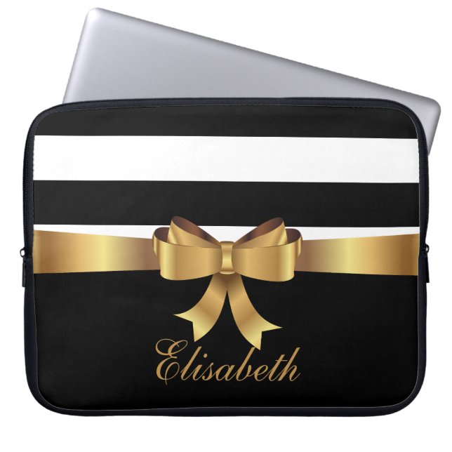 Funda Para Portátil Moda personalizada Black Bold Stripes Gold BOW (Frente)