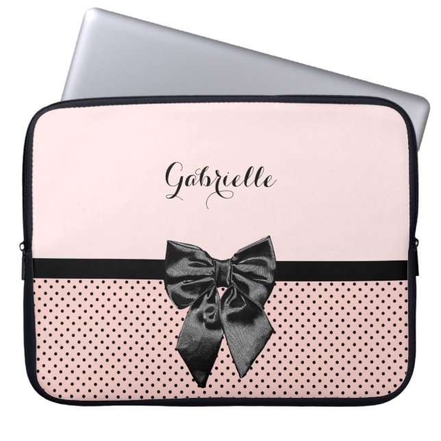 Funda Para Portátil Moda Pink Polka puntos Black Bow y Name (Frente)