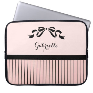Funda Para Portátil Moda Pinstripes Pingüinos Negro y Nombre