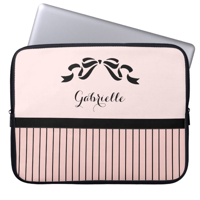 Funda Para Portátil Moda Pinstripes rosadas parisinas Black Bow and Na (Frente)