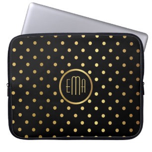Funda Para Portátil Moda Puntos de Polka Oro en Negro con Monograma