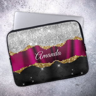 Funda Para Portátil Moda purpurina falso de plata Fuchsia monograma ne