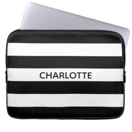 Funda Para Portátil Moda rayas negras y blancas monograma nombre perso
