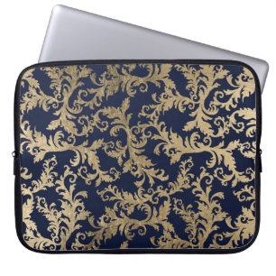 Funda Para Portátil Moda vintage de oro azul marino glamur floral dama