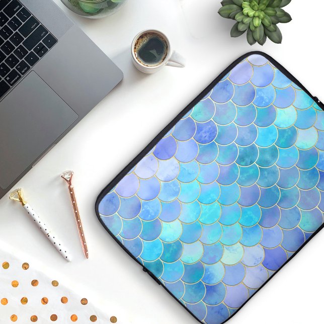 Funda Para Portátil Modelo Aqua Pearlescent & Gold Mermaid (Aqua Pearlescent Mermaid Scale Pattern Laptop Sleeve)