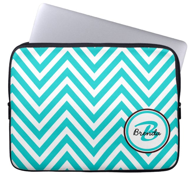 FUNDA PARA PORTÁTIL MODELO AZUL VERDE AZULADO CON MONOGRAMA DE CHEVRON (Frente)