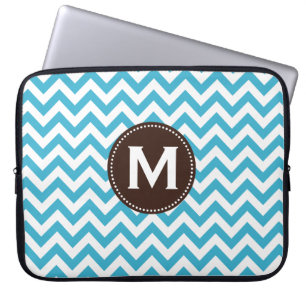 Funda Para Portátil Modelo blanco azul de Chevron del monograma de la