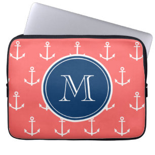 Funda Para Portátil Modelo blanco coralino de las anclas, monograma de