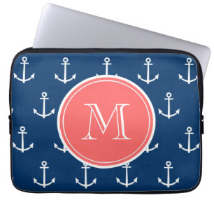 Funda Para Portátil Modelo blanco de las anclas de los azules marinos,