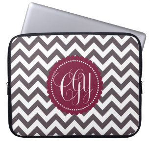 Funda Para Portátil Modelo blanco gris oscuro de Chevron del monograma