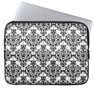Funda Para Portátil Modelo floral blanco negro femenino del damasco