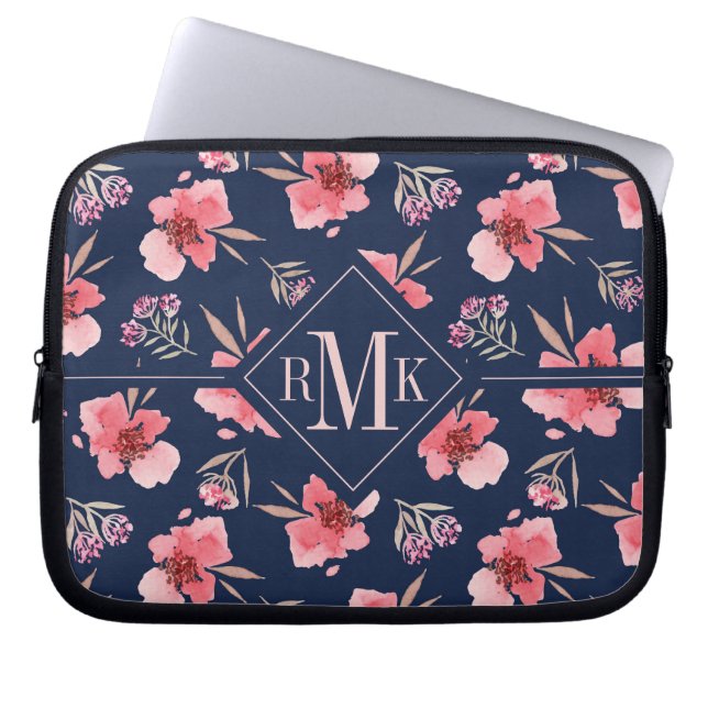 Funda Para Portátil Modelo rosado oscuro de la acuarela del monograma (Frente)