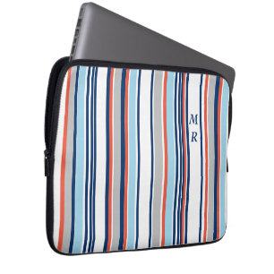 Funda Para Portátil Modern Blue White Grey Red Stripes Monogram