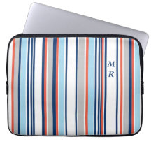Modern Blue White Grey Red Stripes Monogram