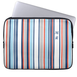 Funda Para Portátil Modern Blue White Grey Red Stripes Monogram