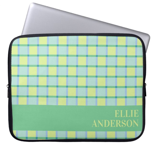 Funda Para Portátil Modern Checker Blue Green Lime Personalized  (Frente)