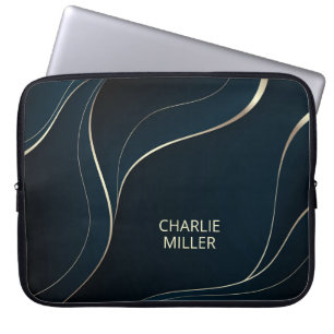 Funda Para Portátil Modern Dark Blue Wave Background & Custom Name