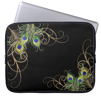 Funda Para Portátil Modern Peacock Feathers Gold Swirl Name