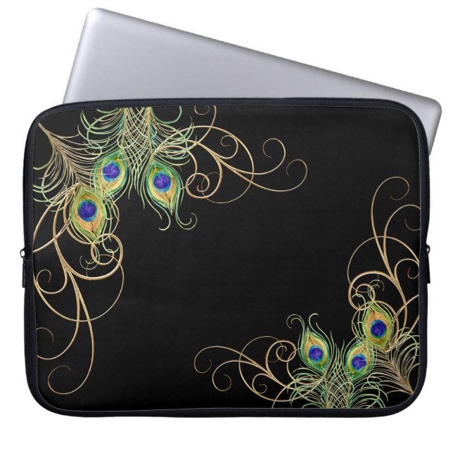 Funda Para Portátil Modern Peacock Feathers Gold Swirl Name (Frente)